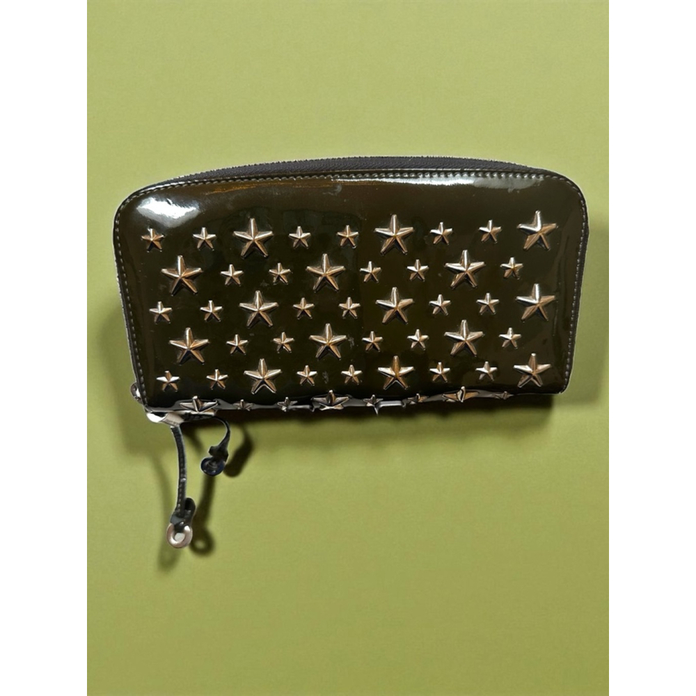 Jimmy Choo Dark Green Patent Leather Star Studded Zip Wallet